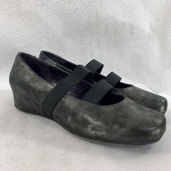 Van ELi Ballet Hidden Heel Wedge Black Metallic Mary Jane Straps Leather 8.5 W - Picture 1 of 16